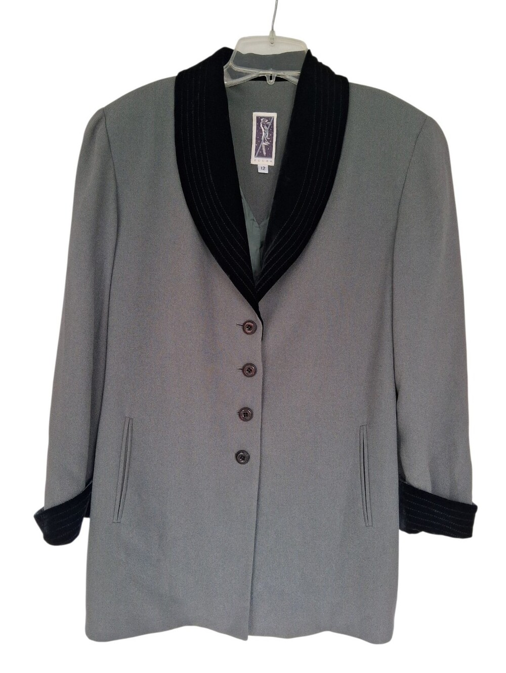 vintage Zelda Women's Gray Blazer with Black Velvet Shawl Collar Size 12